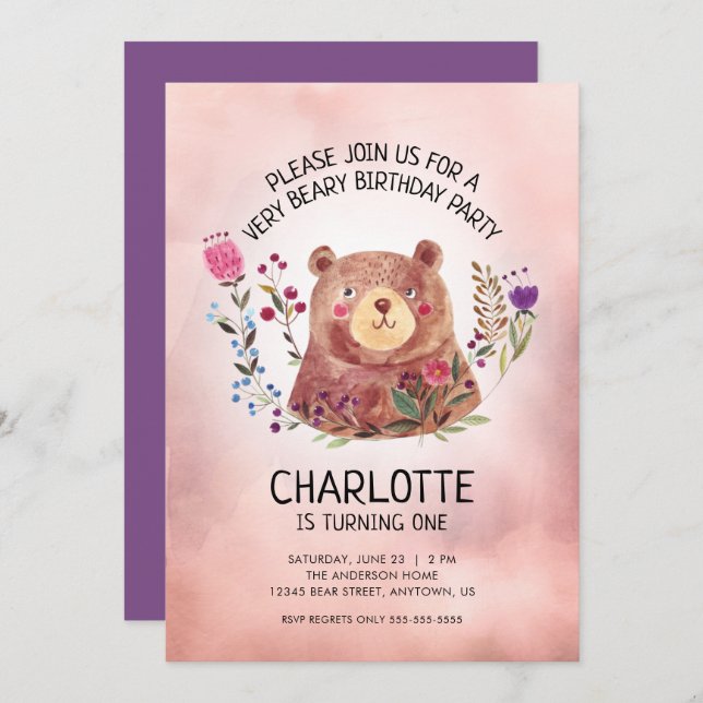 Girl's Birthday Party Cute Bear and Flowers Invitation (Front/Back)
