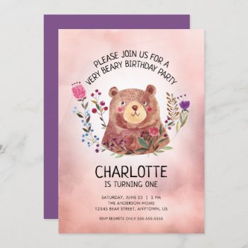 Girl's Birthday Party Cute Bear And Flowers Invitation by daisylin712 at Zazzle