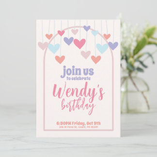 Girl's Birthday Party Heart Balloons Cute Invite