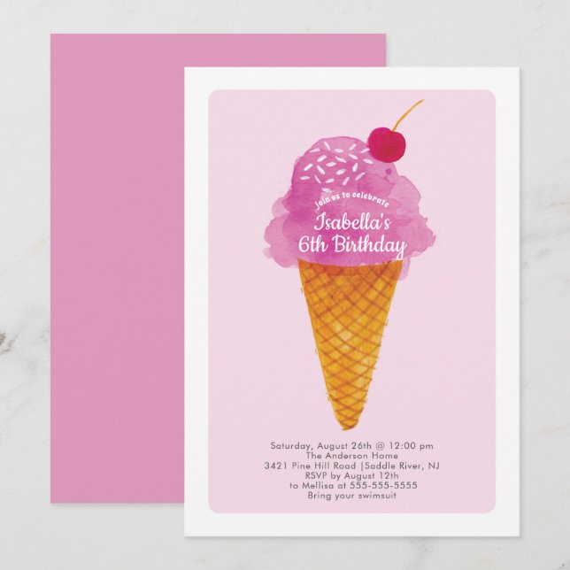Girls Birthday Party Ice Cream Invitation (Front/Back)