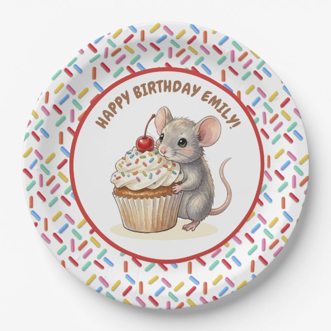 Girl's Birthday Party | Mouse & Cupcake   Paper Plates (Front)