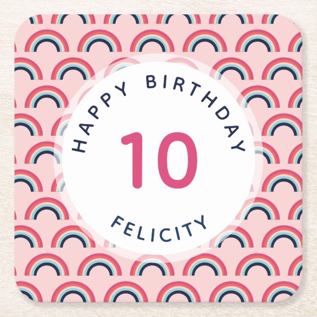 Girls Birthday Party Personalized Name Age Pink Square Paper Coaster (Front)