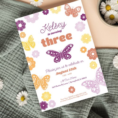 Girls Birthday Party Retro Butterfly Birthday Invitation