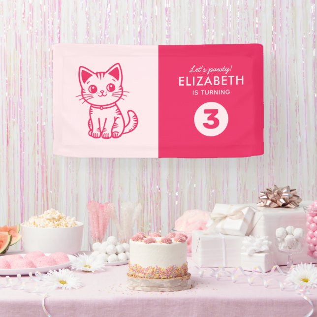 Girl's birthday party with custom colors kitten banner (Party)