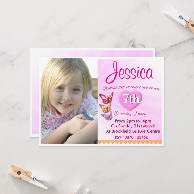 Girls Birthday Pink Party Photo Invitation (Front/Back In Situ)