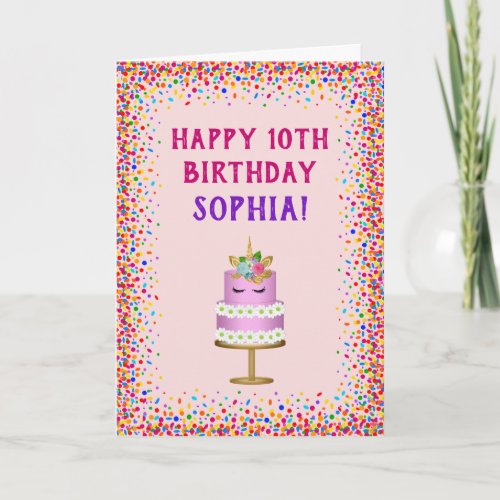 Girls Birthday Pink Unicorn Cake Rainbow Confetti Card