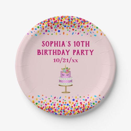 Girls Birthday Pink Unicorn Cake Rainbow Confetti Paper Plates