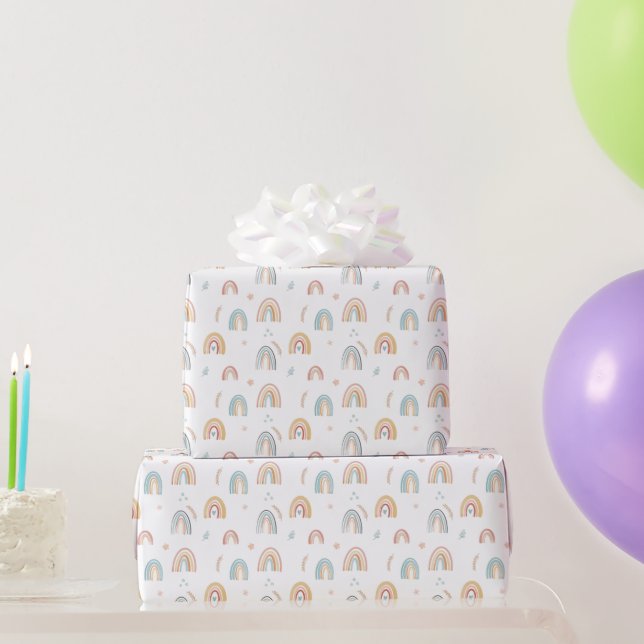 Girls Birthday Pink Watercolor Boho Rainbow Kids Wrapping Paper (Party Gifts)