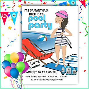 Girl's Birthday Pool Party Let's Swim Invitation