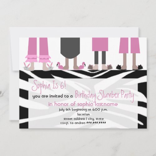 Girls Birthday Slumber Party Sleepover Zebra Invitation