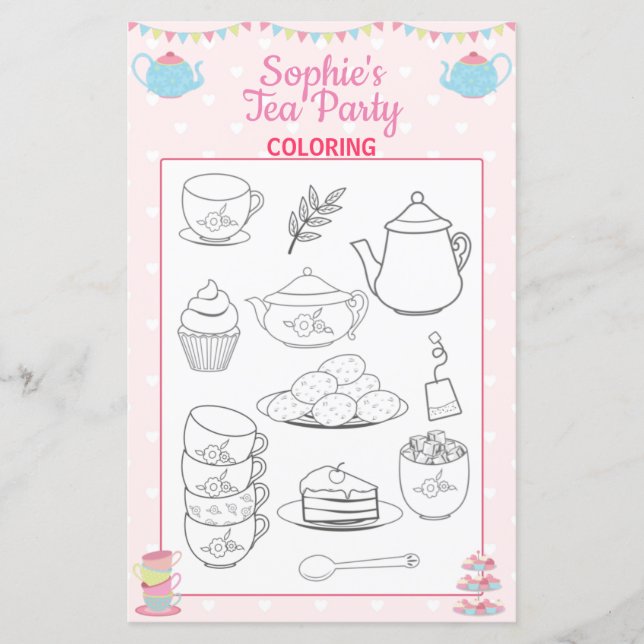 Girls Birthday Tea Party Coloring Page (Front)