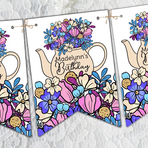Girls Birthday Tea Party Floral Bunting Flags