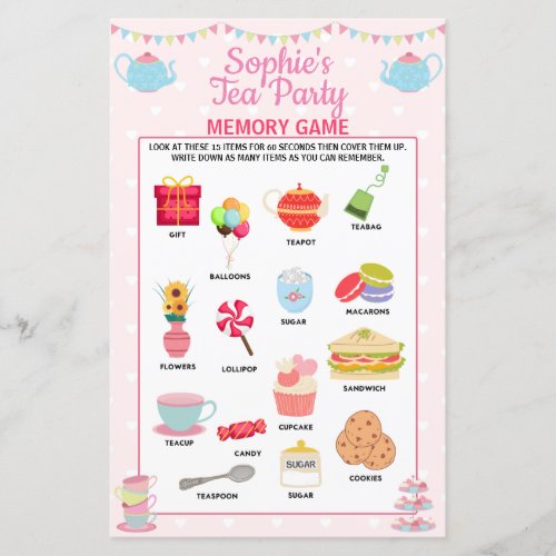 Girls Birthday Tea Party Memory Game