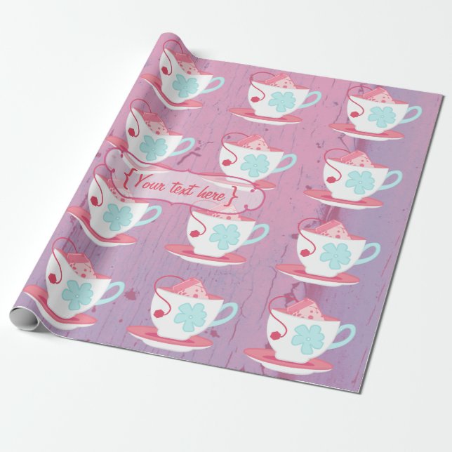 Girl's Birthday Tea Party Shabby-Chic Personalized Wrapping Paper (Unrolled)