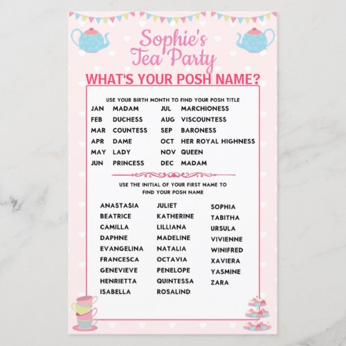 Girls Birthday Tea Party Whats Your Posh Name