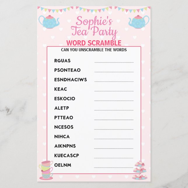 Girls Birthday Tea Party Word Scramble (Front)