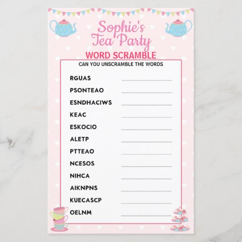 Girls Birthday Tea Party Word Scramble