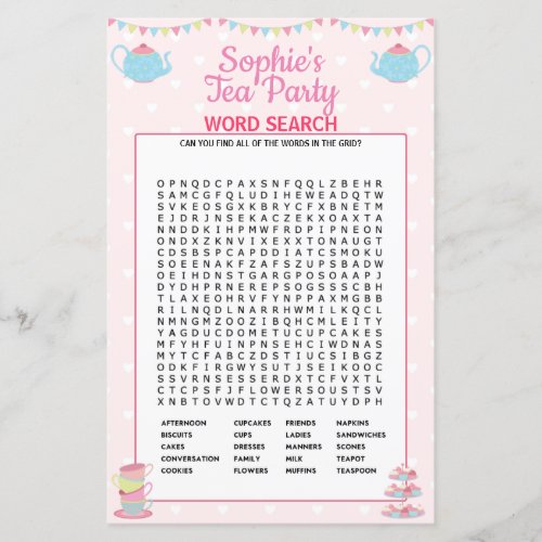 Girls Birthday Tea Party Word Search