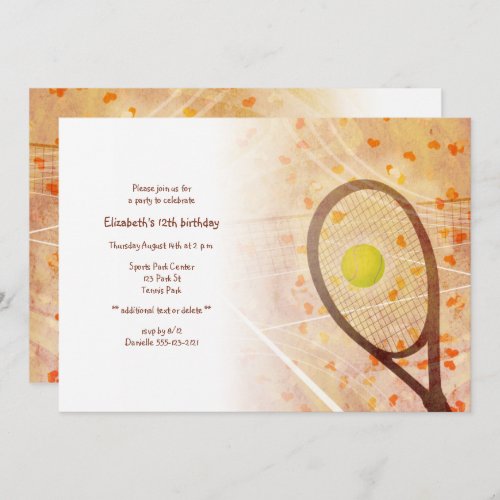 girls birthday tiny hearts tennis party invitation