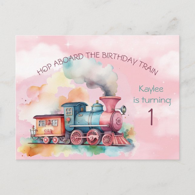 Girls Birthday Train Invitation Postcard (Front)