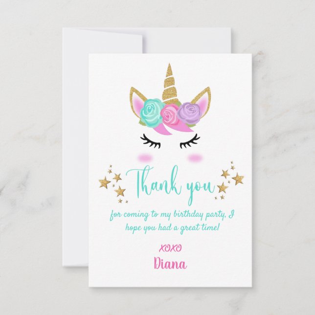 Girl's Birthday Unicorn Theme  Thank You Card (Front)