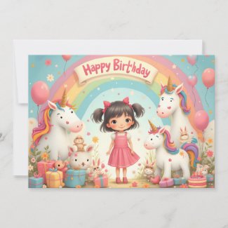 Girl's Birthday with Unicorns & Rainbow