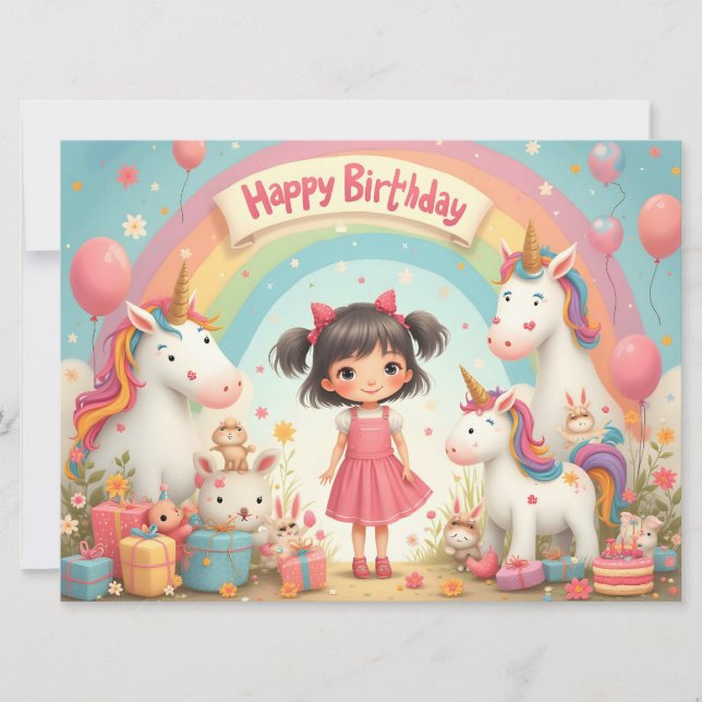 Girl's Birthday with Unicorns & Rainbow (Front)