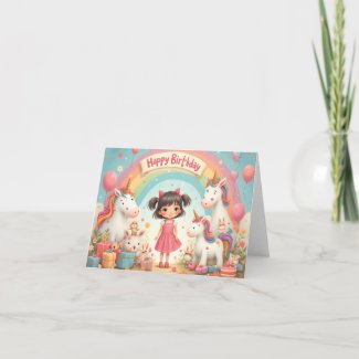 Girl's Birthday with Unicorns & Rainbow Card