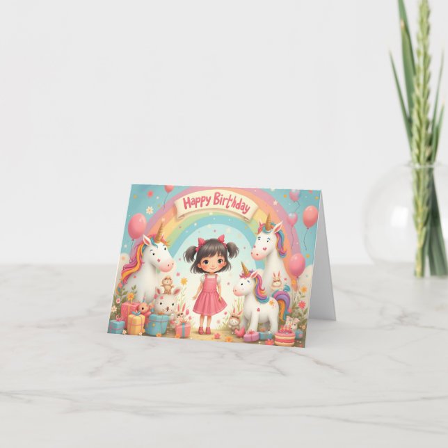 Girl's Birthday with Unicorns & Rainbow Card (Front)