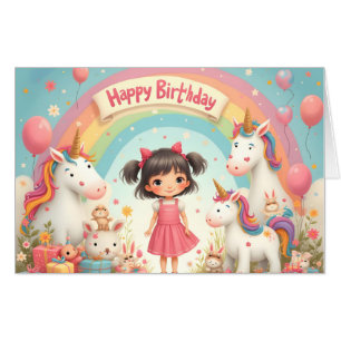 Girl's Birthday with Unicorns & Rainbow Card