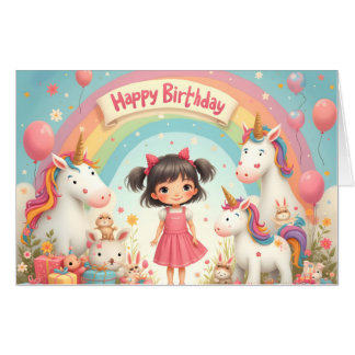 Girl's Birthday with Unicorns & Rainbow Card