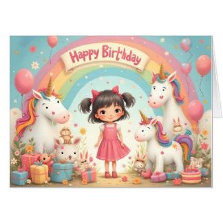 Girl's Birthday with Unicorns & Rainbow Card
