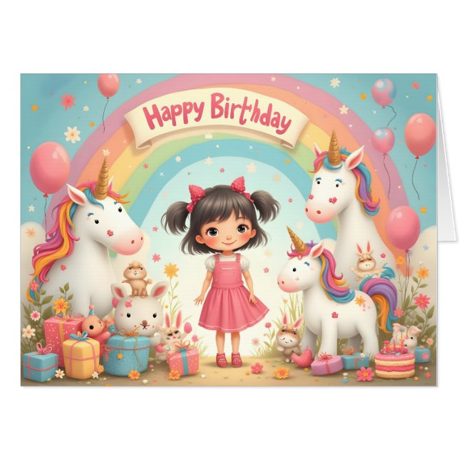 Girl's Birthday with Unicorns & Rainbow Card (Front Horizontal)