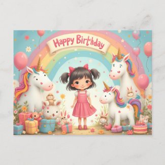 Girl's Birthday with Unicorns & Rainbow