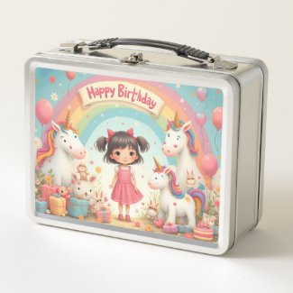 Girl's Birthday with Unicorns & Rainbow Metal Lunch Box