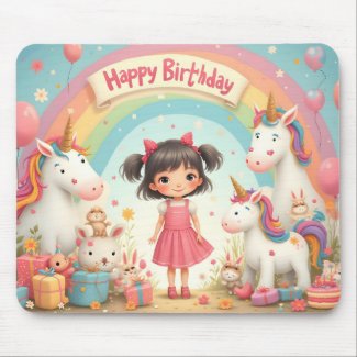 Girl's Birthday with Unicorns & Rainbow Mouse Pad
