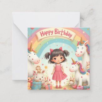 Girl's Birthday with Unicorns & Rainbow Note Card