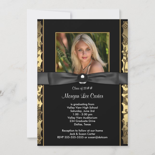 Girls Black and Gold Photo Graduation Invitation (Front)