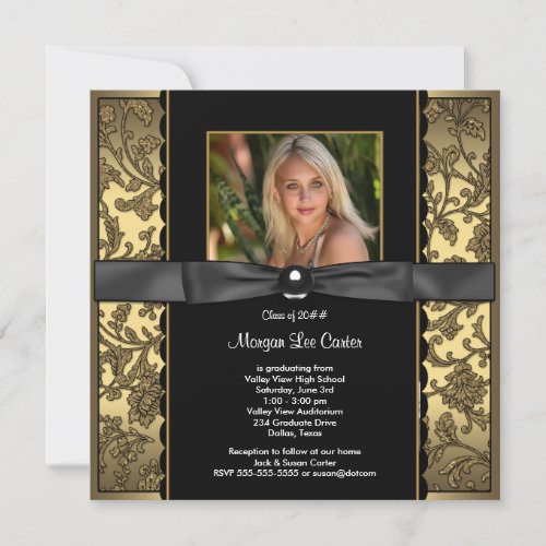 Girls Black and Gold Photo Graduation Custom Invitation