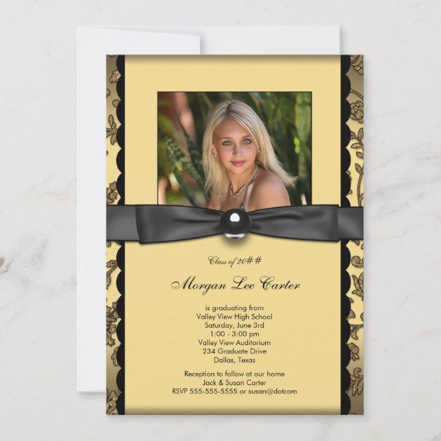 Girls Black and Gold Photo Graduation Invitation (Front)