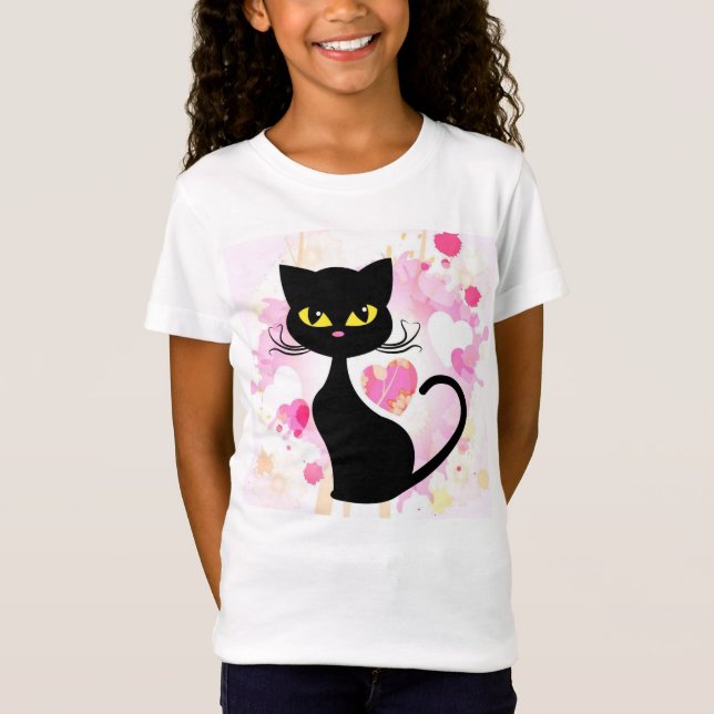 Girl's Black Cat With Pink Hearts T-shirt (Front)