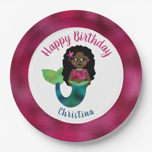 Girls Black Mermaid Faux Foil African American Kid Paper Plates