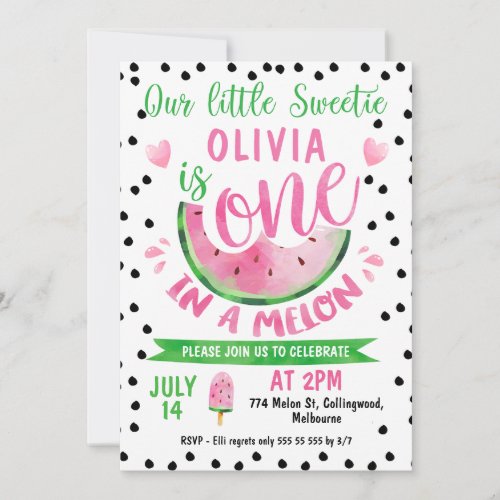 Girls Black Pips One In A Melon 1st Birthday Invitation