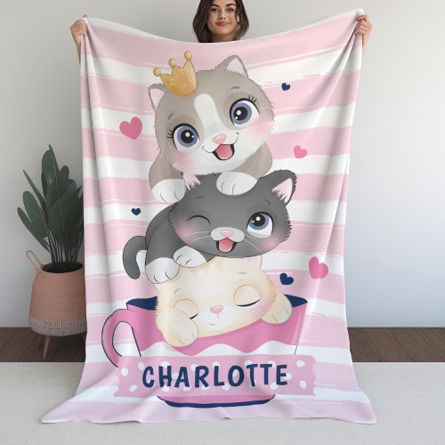 Girls Blanket with Cute Cartoon Cats Pink Stripes