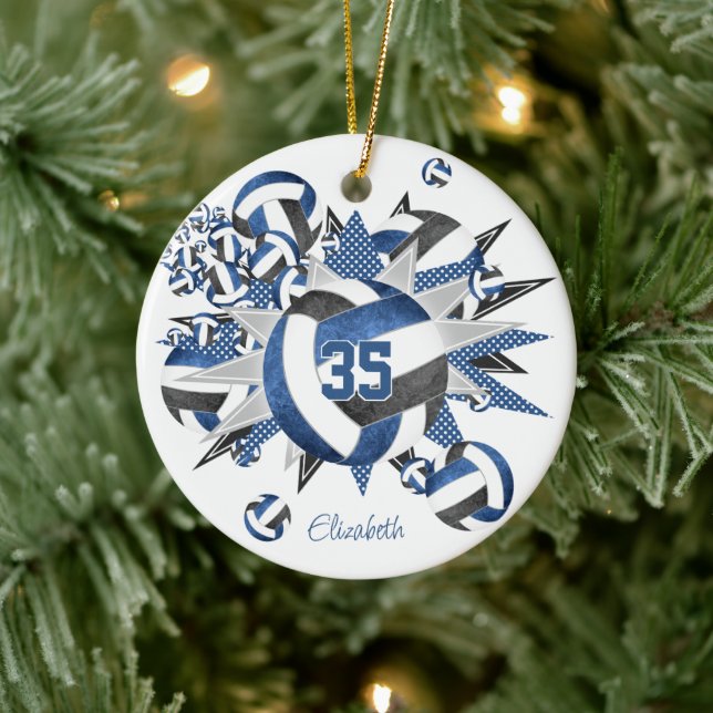 girls blue black volleyballs stars commemorative ceramic ornament (Tree)