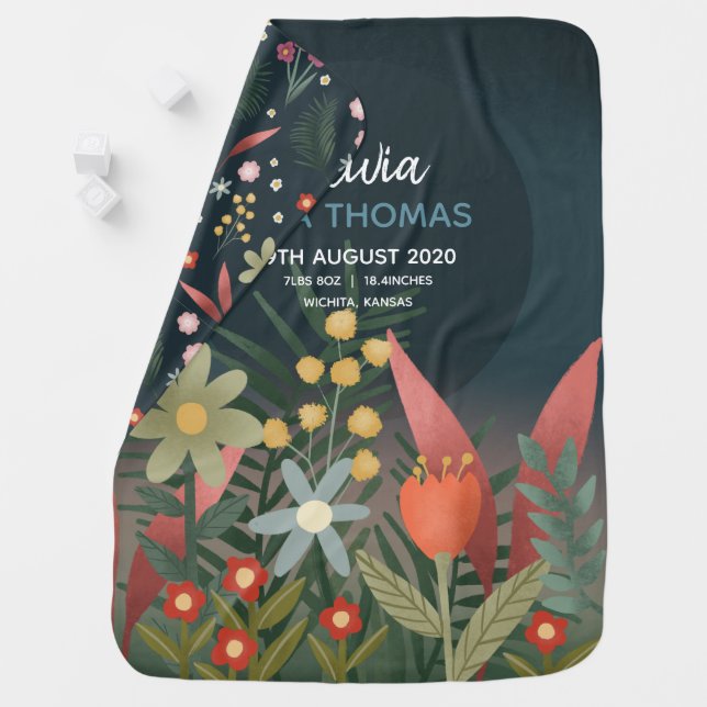 Girls Blue Floral Botanical Flowers Birth Stats Baby Blanket (In Situ)
