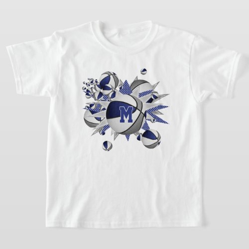 girls blue gray basketballs stars monogrammed T_Shirt