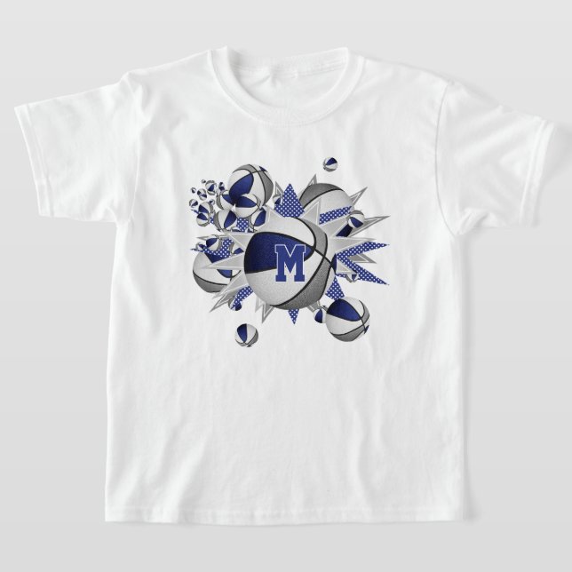 girl's blue gray basketballs stars monogrammed T-Shirt (Laydown)