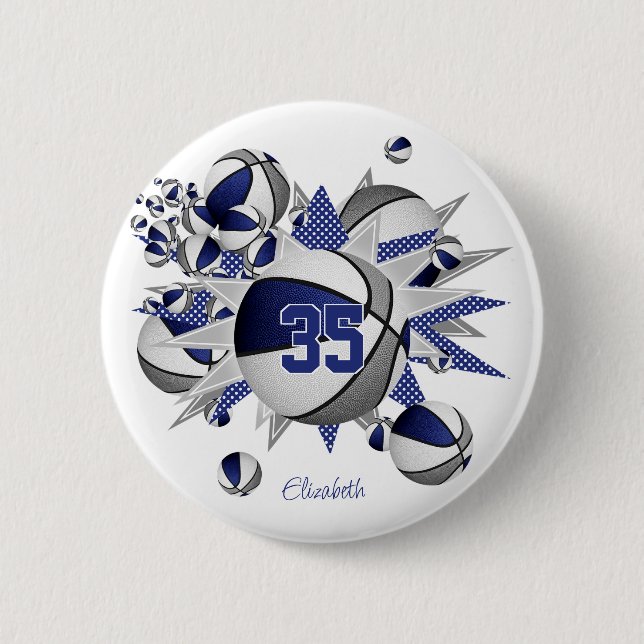 girls blue gray sports basketballs stars button (Front)