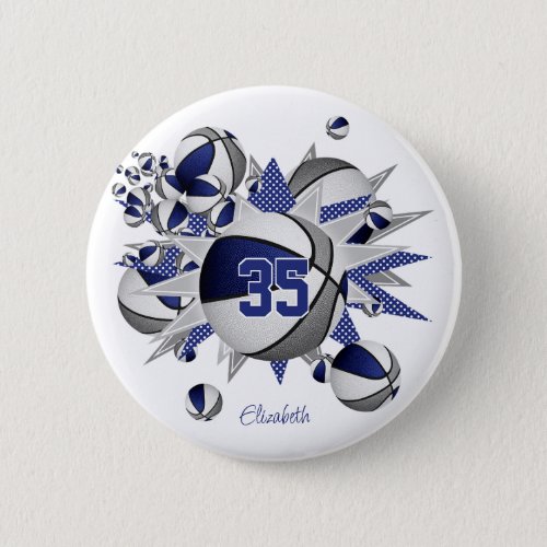 girls blue gray sports basketballs stars button